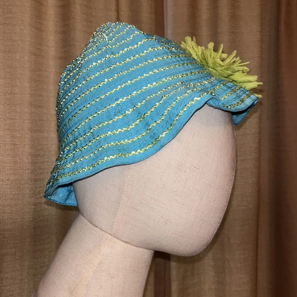 Toddler Hat Aqua with Lime Stripe Accent and Flower